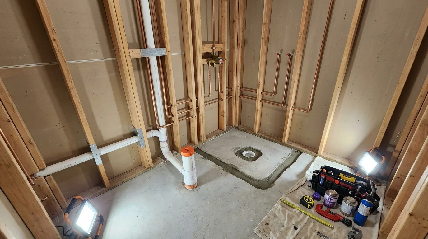 Bathroom rough-in plumbing during remodel by Johns Plumbing LLC in Willow Street
