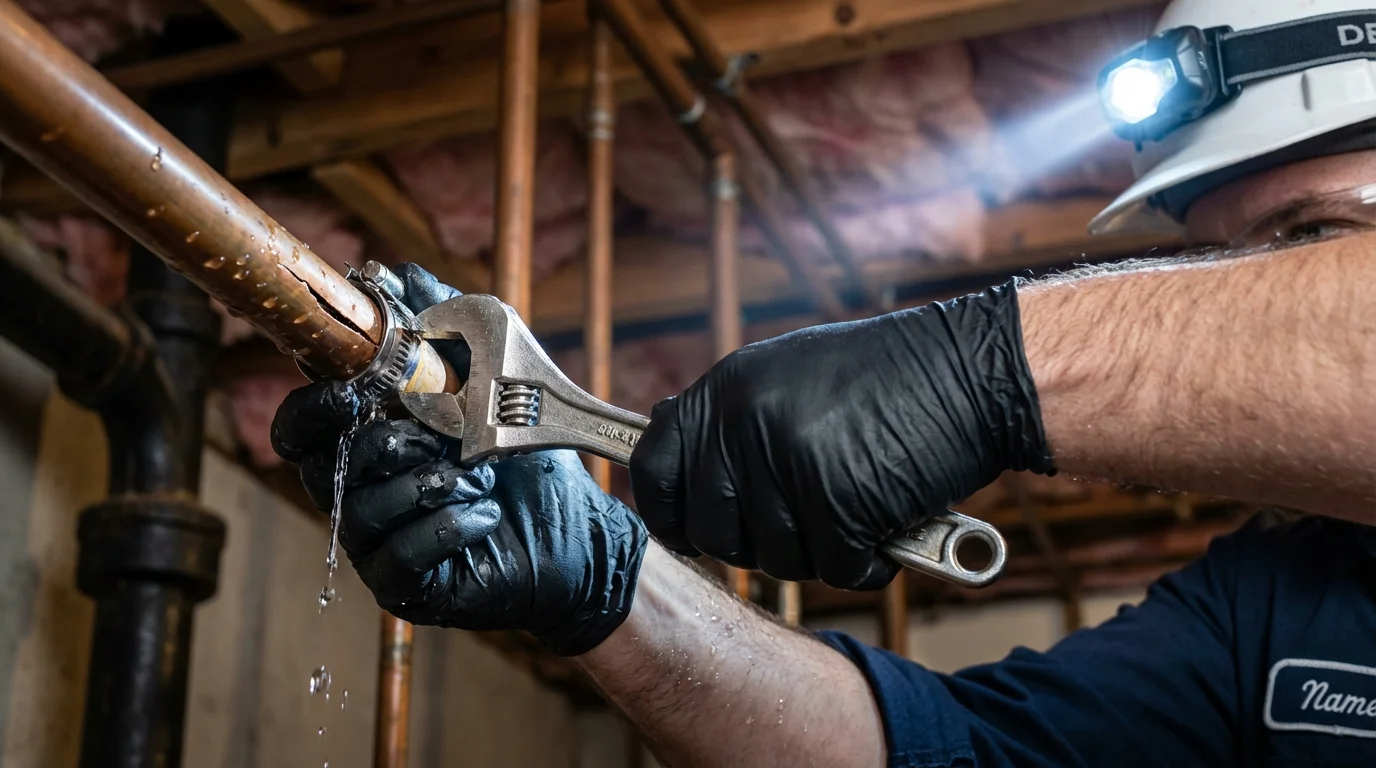 Emergency pipe clamp repair being performed by a Johns Plumbing LLC plumber in Willow Street