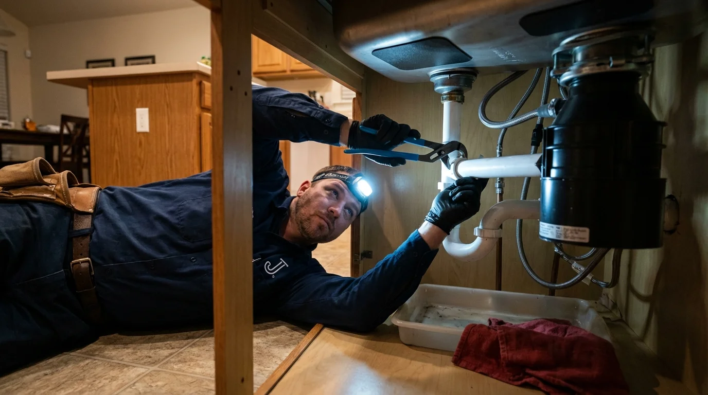 P-trap and supply line connections under a kitchen sink showing a common leak point in Willow Street, PA